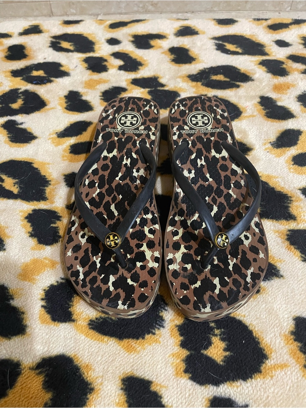 Tory Burch Platform Leopard-Print Flip Flops with Black Straps and Gold Logo